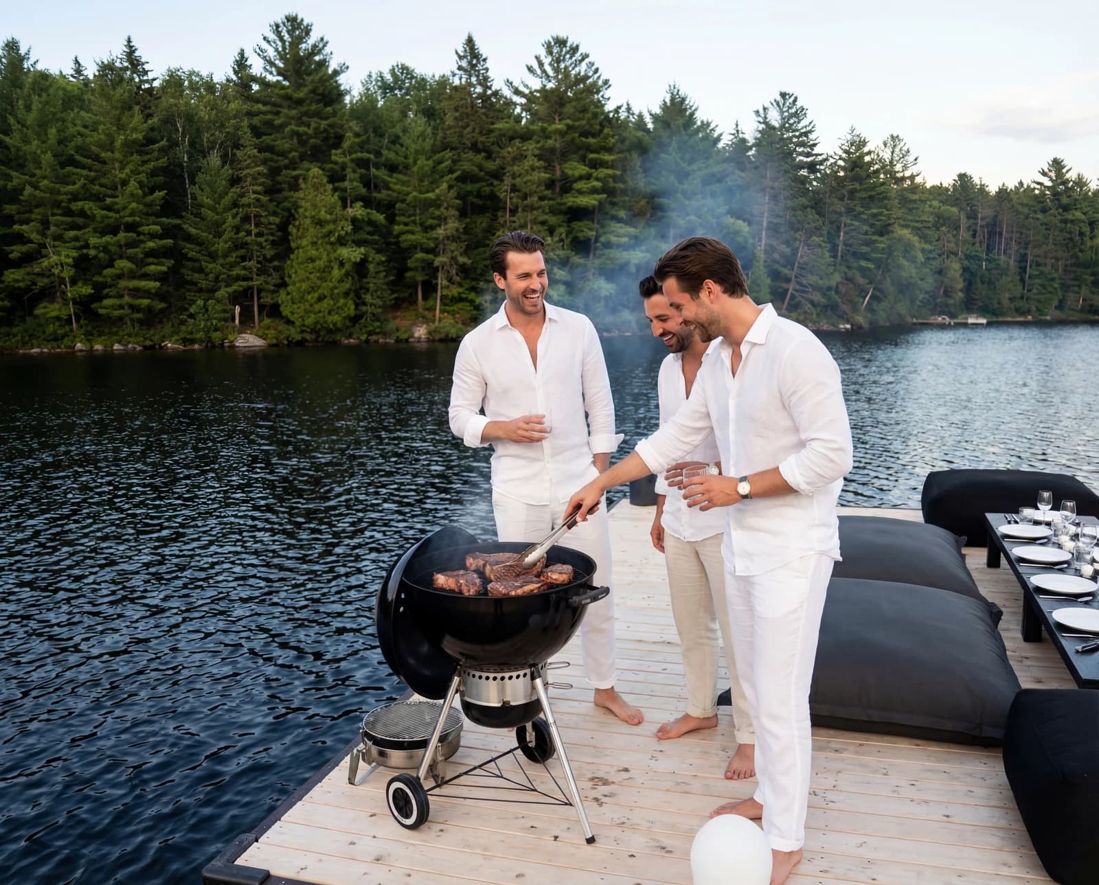 Friends grilling on the lakeside dock at sunset