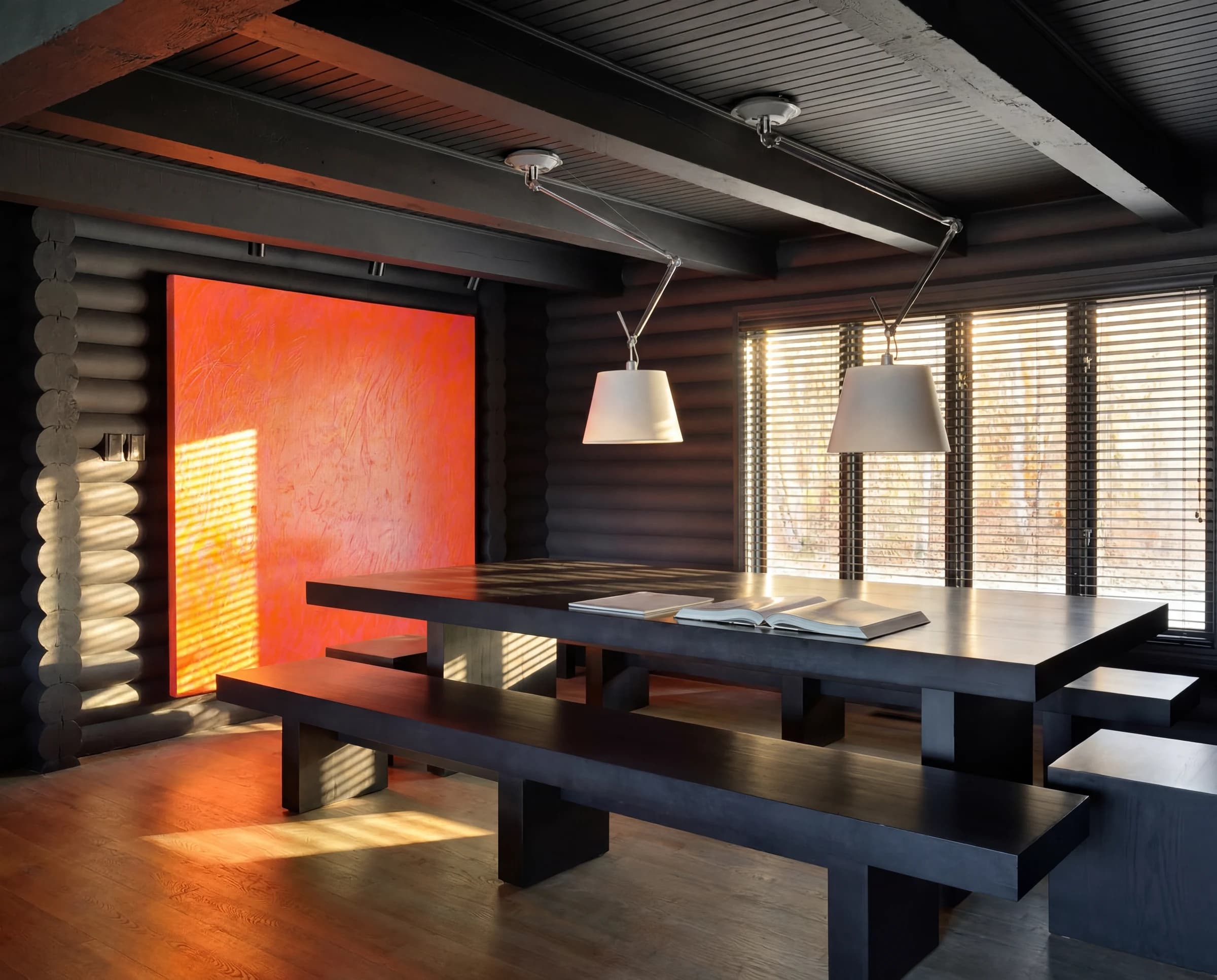 Sauna lounge glowing warm at dusk