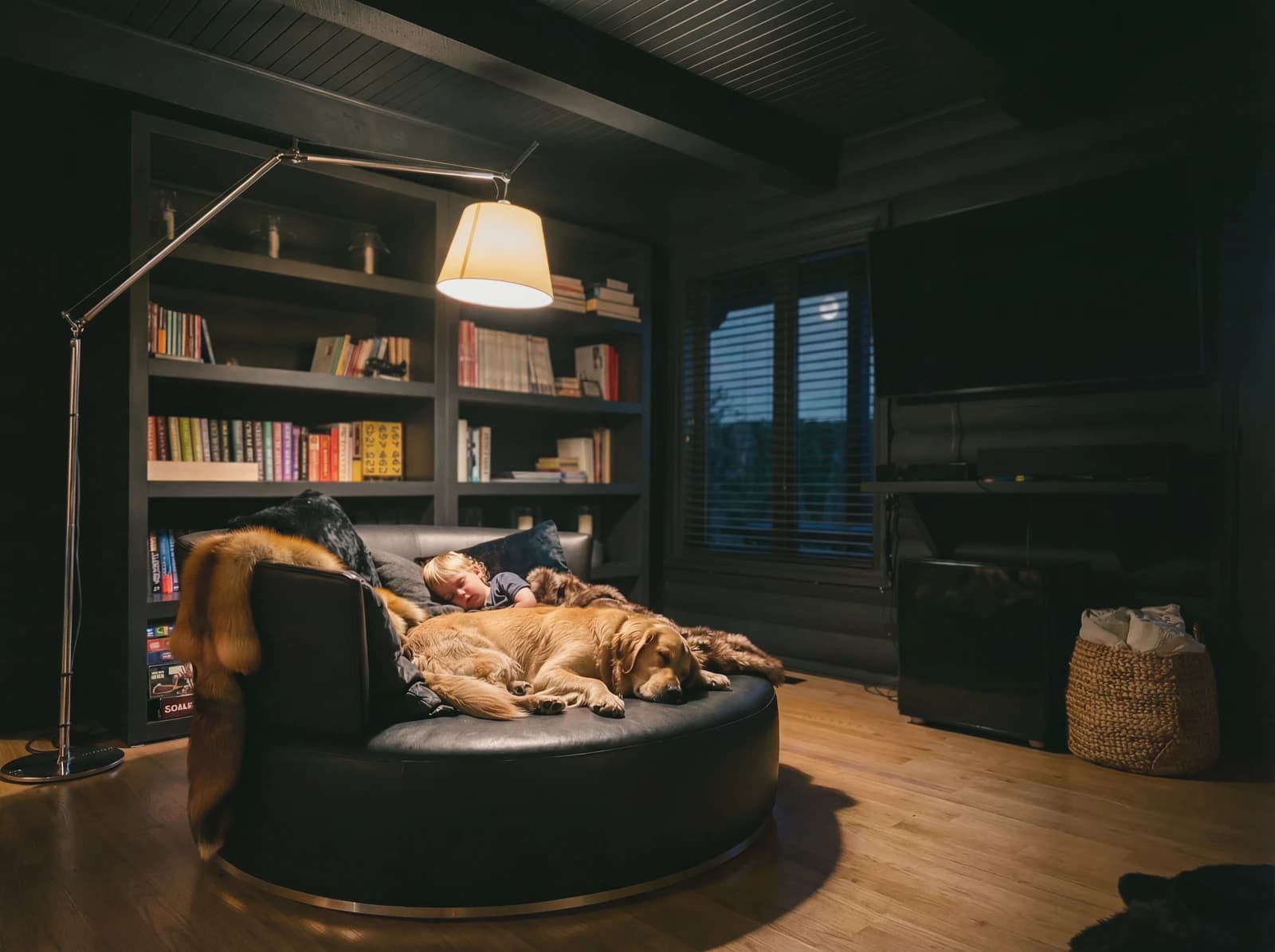 Boy napping with golden retriever on lounge chair