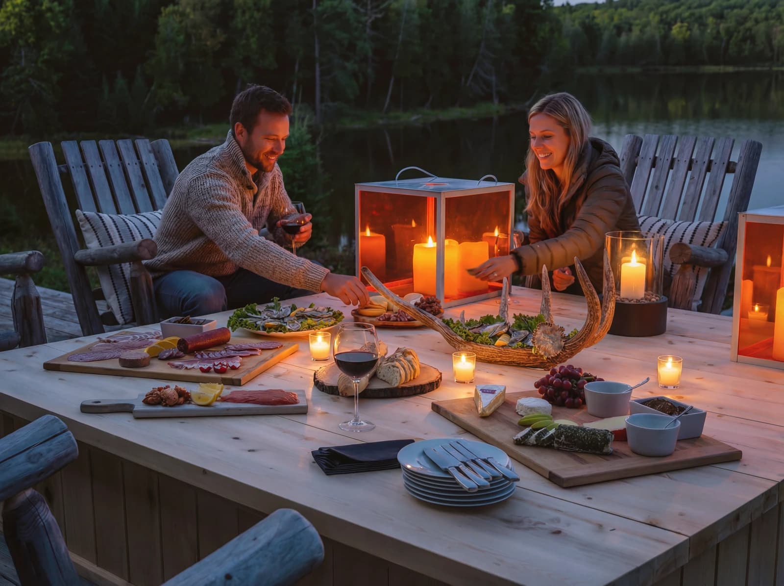 Couple having candlelight dinner by the lake