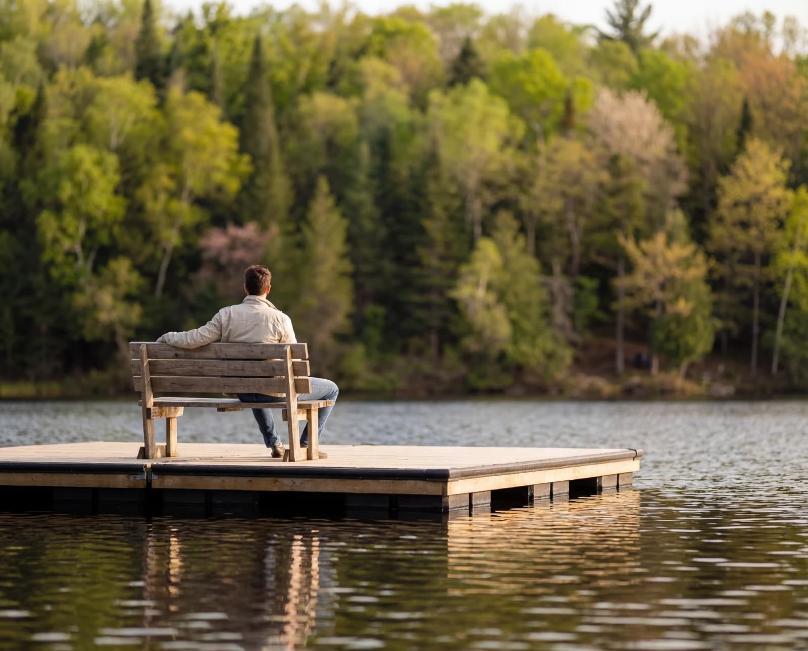 Man sitting on a bench overlooking the lake