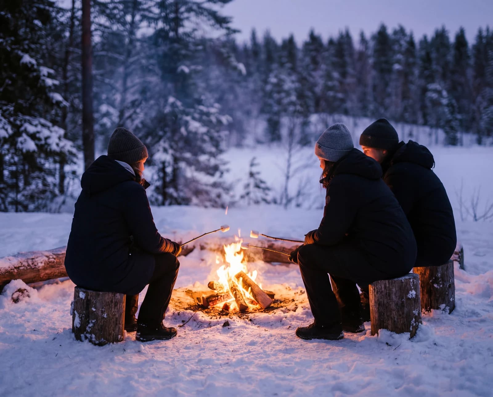 Group gathered around a campfire in the snow