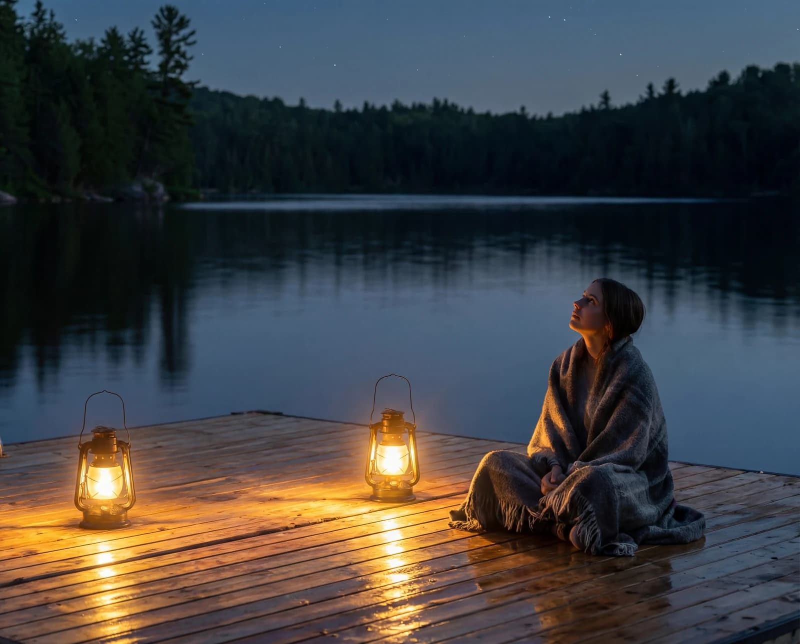 Lanterns glowing on the dock at night, the lake still under starlight