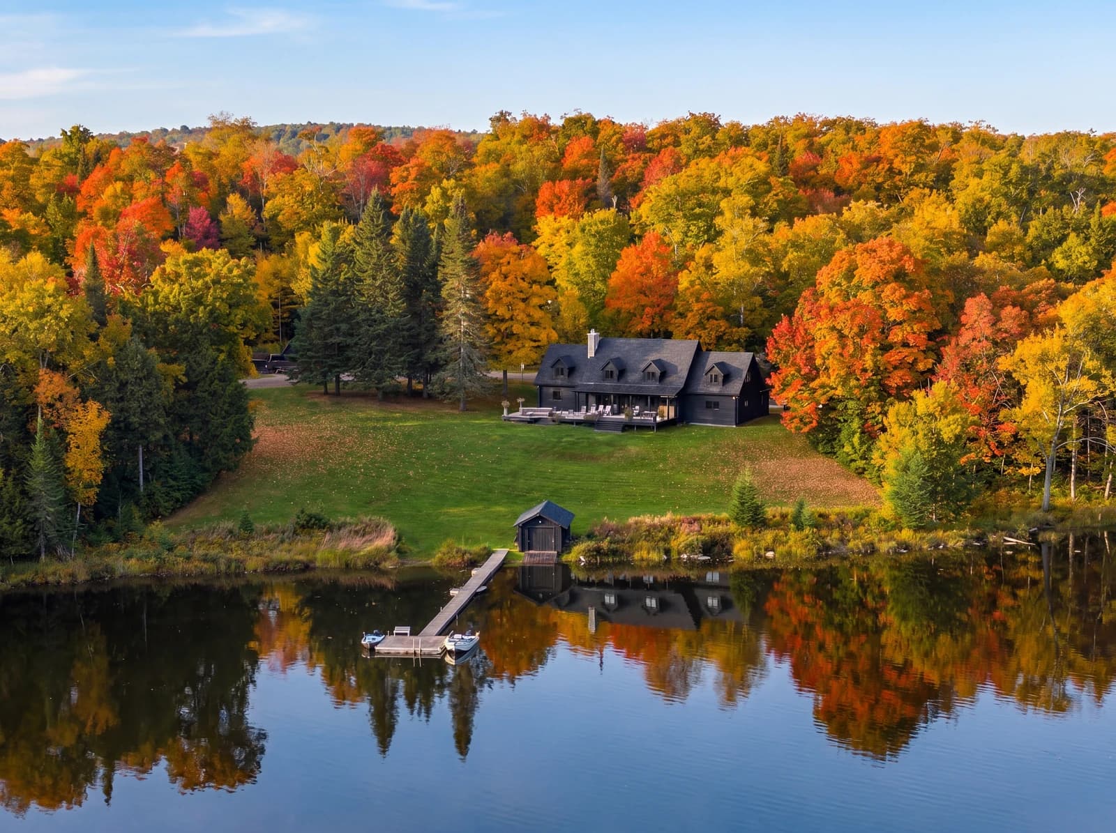 Estate set in autumn forest by the lake, from above