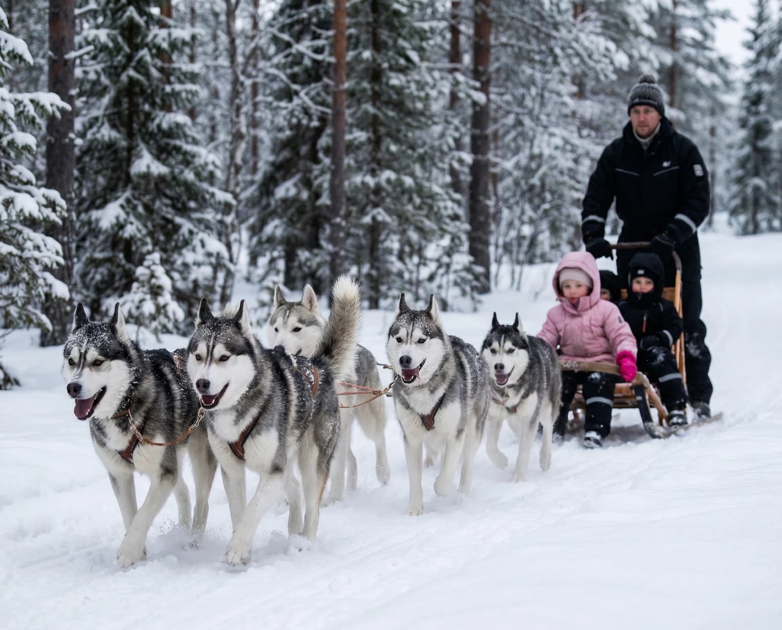 Husky team pulling a sled through the snow