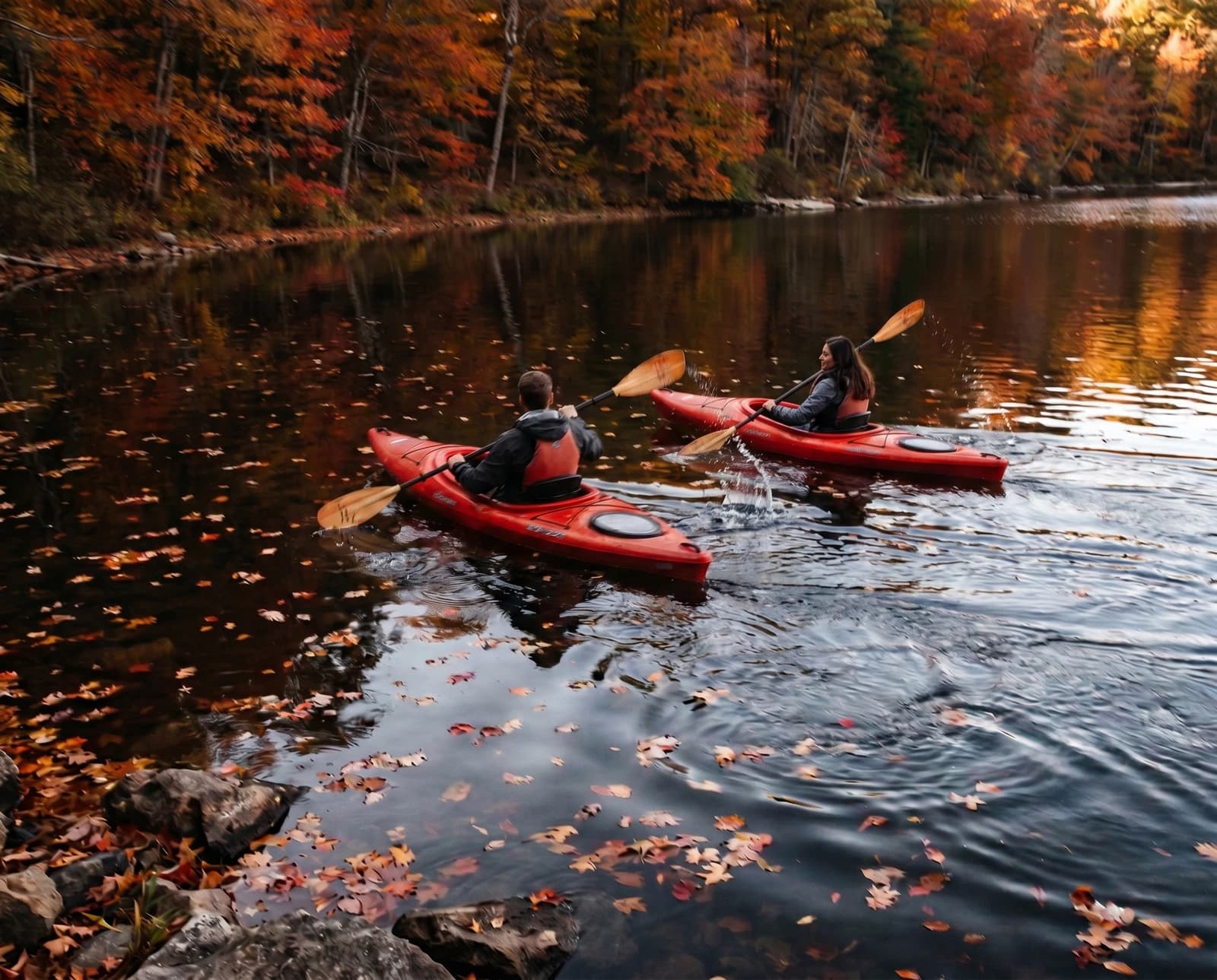 Kayaking on the lake in autumn