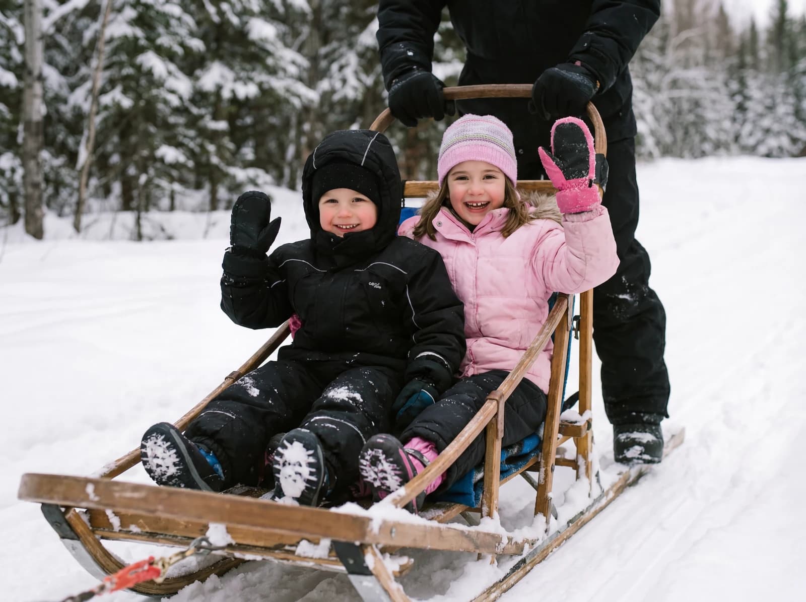 Two children on a sled in the snow