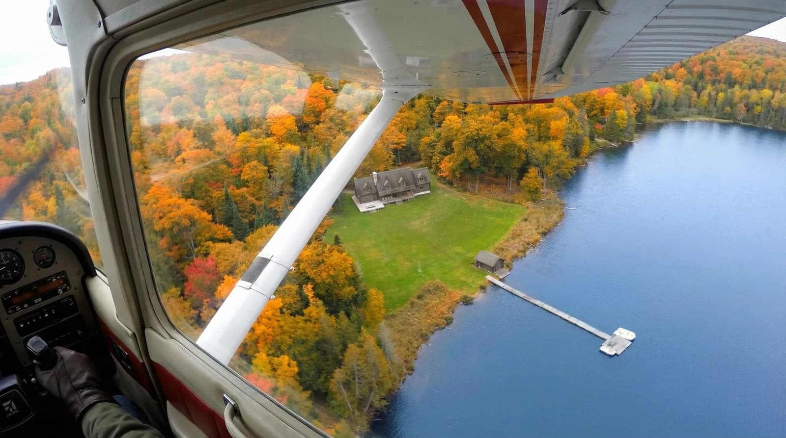 View over the autumn river from the floatplane window